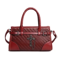Dark red woven handbag with vintage metal cross and chain details in a gothic style - Red