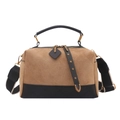 Borsa Boston in pelle scamosciata marrone con base trapuntata nera e tracolla larga - Cachi