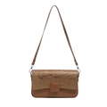 Minimalist brown patchwork leather shoulder bag with a square buckle on a white background - Brown