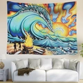 Detail of artistic surfing tapestry with ocean waves and sunset over a modern sofa - 95x73cm / Surfing Art Style 2
