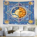 Detail of mystical sun and moon tapestry hanging on a white wall above a sofa - 95x73cm / Astrology Sun Moon Style 4