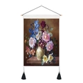 Detail of vintage oil painting scroll featuring floral bouquet with wooden rod and tassels - 35x50cm / Style 2