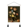Detail of vintage floral oil painting tapestry with wooden rod and black tassels - 35x50cm / Style 1