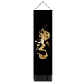 Detail of black and gold mermaid wall scroll with moon accents and black fringe - 32.5x130cm / Abstract Mermaid Holding Crescent Style