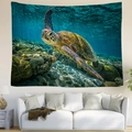 Modern living room featuring a wall tapestry with realistic sea turtle over coral reefs - 95x73cm / Deep Sea Turtle Style (Style 3)