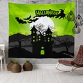 Detail of Halloween tapestry with green moon, witch silhouette and castle on a grey wall - Style 11 / 95x73cm (Brushed)
