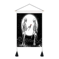 Skeleton tapestry with red rose and moon print, wooden rod and black fringe accents - 35x50cm