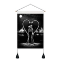 Hanging tapestry with black and white kissing skeletons in a heart with black tassels - 35x50cm