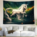 Detail of magical white unicorn tapestry hanging over a sofa in a modern living room - Style 5 (Fantasy White Unicorn)