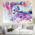 Colorful watercolor white horse tapestry wall hanging over a white sofa in a living room - Style 6 (Watercolor Running White Horse)