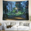Tapisserie de paysage de forêt fantastique avec cabane dans les arbres au-dessus d'un canapé - 95x73cm (Brossé) / Cabane Magique (Style 3)