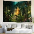 Tapisserie de forêt fantastique avec ruines moussues et temple doré pour décoration murale - 95x73cm (Brossé) / Ruines de la Jungle Fantastique (Style 2)