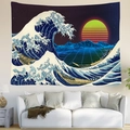 Great Wave tapestry with vaporwave retro neon sun for modern aesthetic wall decor - Style 6 / Custom Contact CS