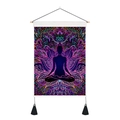 Macro detail of meditation tapestry with neon mandala print, wooden bar and black tassels - Zen Sitting Figure (Style 1) / 35x50cm
