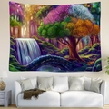 Détail d'une tapisserie de forêt enchantée avec arbre coloré, pont de pierre et cascade - Arbre Magique Arc-en-Ciel (Style 16)