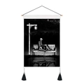 Skeleton and pet dog skeleton tapestry with wood hanging rod and black tassels - 35x50cm / Skeleton On Bench Petting Dog Style (Style 19)