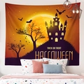 Tapiz de Halloween con luna naranja, silueta de castillo y murciélagos decorativos - 95x73cm / Castillo de Luna Naranja (Estilo 2)