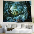 Detail of Nordic forest tapestry with mystic glowing trees and waterfall over a white sofa - Fantasy Enchanted Forest (Style 9)