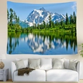 Detail of Nordic forest tapestry with HD digital print of snow mountains and lake reflection - Snow Mountain Lake Reflection (Style 10)