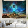 Nordic starry sky tapestry featuring fantasy mountains displayed over a modern white sofa - Crystal Mountain Aurora Sky Style