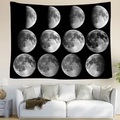 Macro view of minimalist black tapestry featuring lunar cycle phases above a sofa - Black Progressive Moon Phase Style