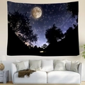 Détail d'une tapisserie de forêt sous un ciel étoilé suspendue au-dessus d'un canapé - 95x73cm / Style de Silhouette de Nuit de Lune de Forêt