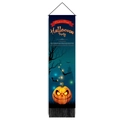 Dettaglio arazzo di Halloween con zucche luminose e nappe decorative nere di stoffa - 32.5x130cm / Motivo di Zucca e Pipistrello Blu Scuro