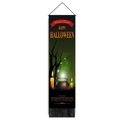 Dettaglio banner di Halloween con stampa di zucca e bordi decorati con nappe nere - 32.5x130cm / Stile Calderone della Strega Verde