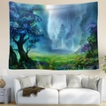 Tapiz de bosque de fantasía con árbol luminoso y pagoda sobre un sofá blanco - 95x73cm (Piel de Melocotón) / Estilo de Árbol Antiguo Azul Violeta (Estilo 2)