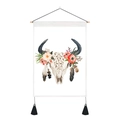 Bohemian wall decor featuring a watercolor skull with flowers, wood rod, and tassels - Watercolor Buffalo Skull Feather / 35x50cm