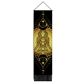 Detail of bohemian tapestry with gold goddess silhouette, moon phases, and black tassels - Meditating Goddess (Style 1) / 32.5x130cm