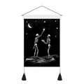Canvas tapestry with black and white skull and star design featuring wooden bar and tassels - 35x50cm