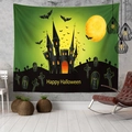 Tapiz de Halloween con castillo en silueta y murciélagos sobre verde fluorescente - Estilo 4 / 95x73cm (Cepillado)
