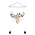 Bohemian elk skull wall tapestry with vibrant floral decor and black tassels - Floral Deer Skull Silhouette / 35x50cm