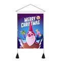 Macro shot of Christmas tapestry with festive dwarf print, wood rod and black tassels - 35x50cm / Cartoon Gnome With Gifts Style (Style 1)