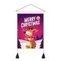 Detail of Christmas wall tapestry with cartoon reindeer illustration and wooden scroll frame - 35x50cm / Reindeer With Hot Drink Style (Style 4)
