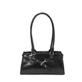 Bolso de hombro rectangular negro brillante con detalle de cinturón y hebilla de plata - Negro