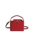 Red leather bucket bag with top handle, adjustable strap and golden circular logo - Red