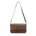 Brown textured leather baguette bag with dual-material splicing and square buckle detail - Coffee
