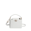 Elegant white leather bucket bag with gold circular buckle and detachable shoulder strap - White