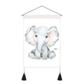 Tela decorativa minimalista con elefante ad acquerello, gancio in legno e nappe nere - 35x50cm / Elefante