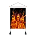 Detail of flaming skeleton wall tapestry with wooden rod and black bottom tassels - Three Flaming Skulls Cheering (Style 1) / 35x50cm