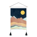 Tapisserie murale paysage de montagne avec tige en bois et pompons noirs pour la maison - 35x50cm / Esthétique de Montagne Naturelle Abstraite (Style 2)