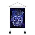 Detail of gothic skull tapestry with blue dragon motifs, wooden rod and black silk tassels - Deep Blue Dragon and Skull (Style 4) / 35x50cm