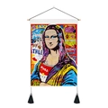 Detail of graffiti Mona Lisa canvas with wooden hanger and black decorative tassels - 35x50cm / Style 2