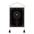 Black and gold tarot tapestry with geometric occult patterns, wooden pole, and tassels - 35x50cm / Astrological Tarot Symbols (Style 10)