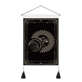 Detail of tarot tapestry featuring sun and moon graphics with golden tassels and wooden rod - 35x50cm / Personified Sun and Moon (Style 3)