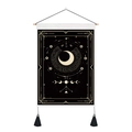 Detail of mystic moon phase tapestry featuring golden patterns and black tassels on wood bar - 35x50cm / Moon Phases and Galaxy (Style 7)