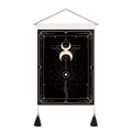 Detail of tarot tapestry with golden moon phases, black fringe, and wooden hanging rod - 35x50cm / Atomic Orbit and Moon Phases (Style 8)