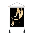 Boho-Wandteppich mit Mondgöttin und goldenen Sternen auf schwarzem Stoff mit Quasten - 35x50cm / Schwarzer Hintergrund Lockiges Haar Frau Auf Mond Sitzend Stil (Stil 3)